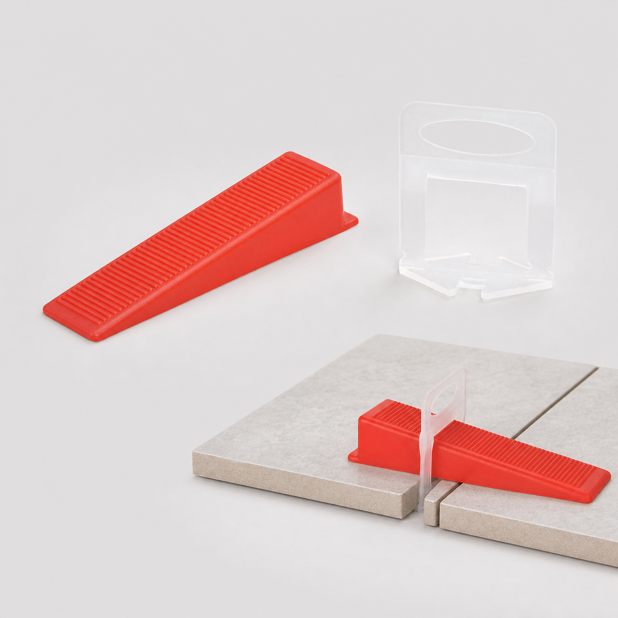 Translucent tile levelling base with a red wedge shown for installation context; wedge not included