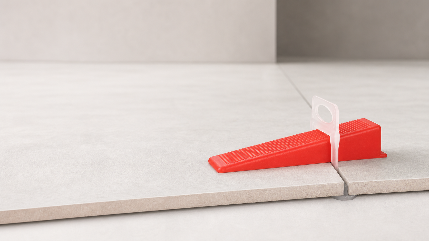 Tile levelling base positioned between tiles; wedge shown for application context only